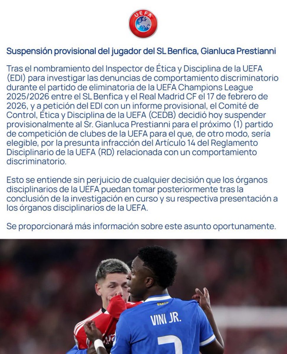 La UEFA acaba de cometer el acto de RACISMO más grande de los últimos tiempos: Decidió, con la investigación en curso y SIN PRUEBAS aportadas por parte de los denunciantes, suspender provisionalmente a Gianluca Prestianni que no podrá jugar en el Bernabéu.

A ver si se entiende