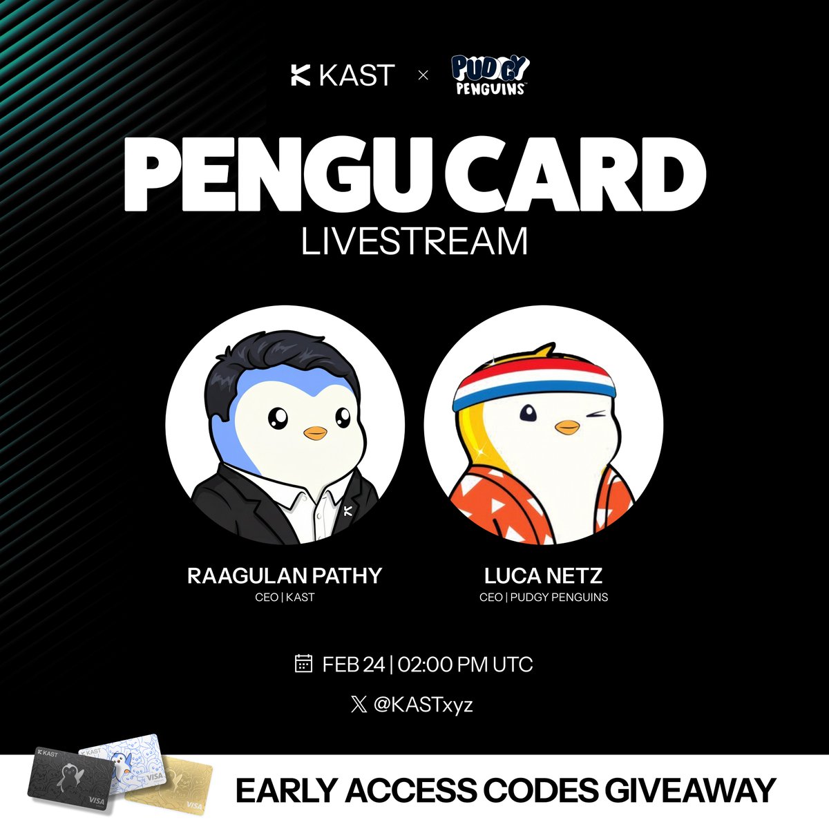 Pengu Card livestream 🎙️

Tune in to hear from <a href="/raagulanpathy/">raagulanpathy</a> and <a href="/LucaNetz/">Luca Netz 🐧✳️</a> about:
🐧 The Pengu Card launch
🤝 Our partnership and plans
🌎 How we're making crypto accessible to everyone

Join us on February 24 at 2PM UTC (9AM EST) 📌
