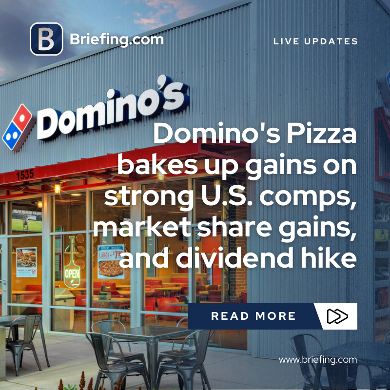 Briefingcom's tweet image. $DPZ: Domino's Pizza (+3.5%) rallies as transaction growth, digital strength, and another year of share gains outweigh near-term cost headwinds. Dividend hike reinforces confidence in the 2026 outlook.
See our complete analysis here: briefing.com/story-stocks/a…
#DPZ #dominospizza