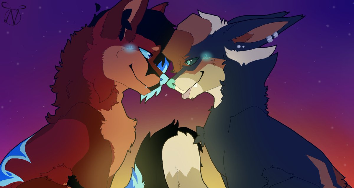 The_MaskedDruid's tweet photo. Kiyo X TeckBlair (still looking for a shipping name lul)

Kiyo, red fox with black and blue markings is the fursona/OC of my friend @Keisaro04 

TeckBlair, the one with black fur and cream/sand to browm/reddish fur/markings is mine
They are together ofc XD

#furry #art #cute https://t.co/053vh3apn3