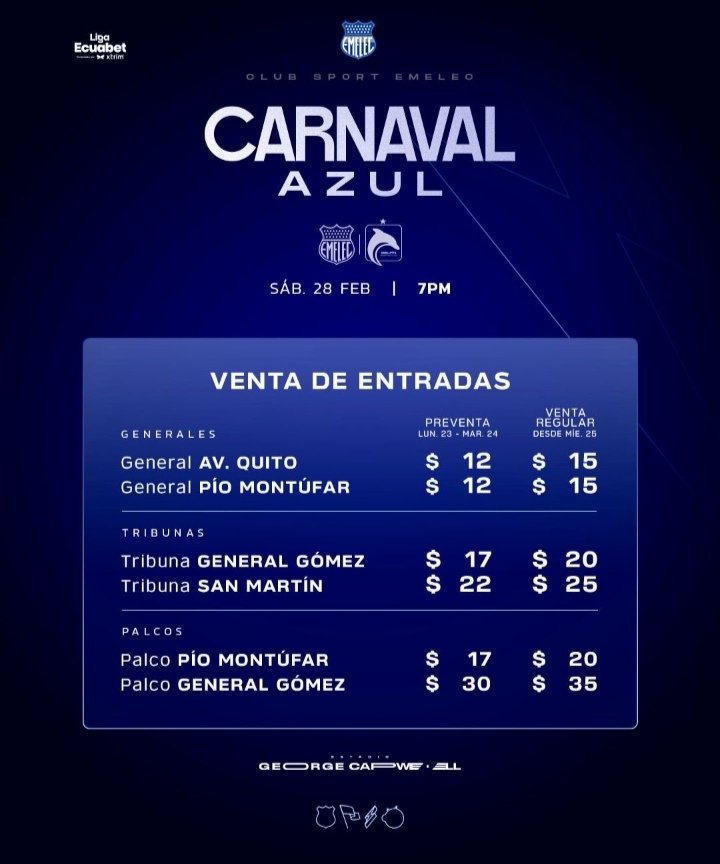 ¡A LLENAR LA CALDERA! 🤗

Pilas, ya a la venta las entradas para el EMELEC v Delfín.

Sábado 7PM en el Capwell.

#AguanteBombillo