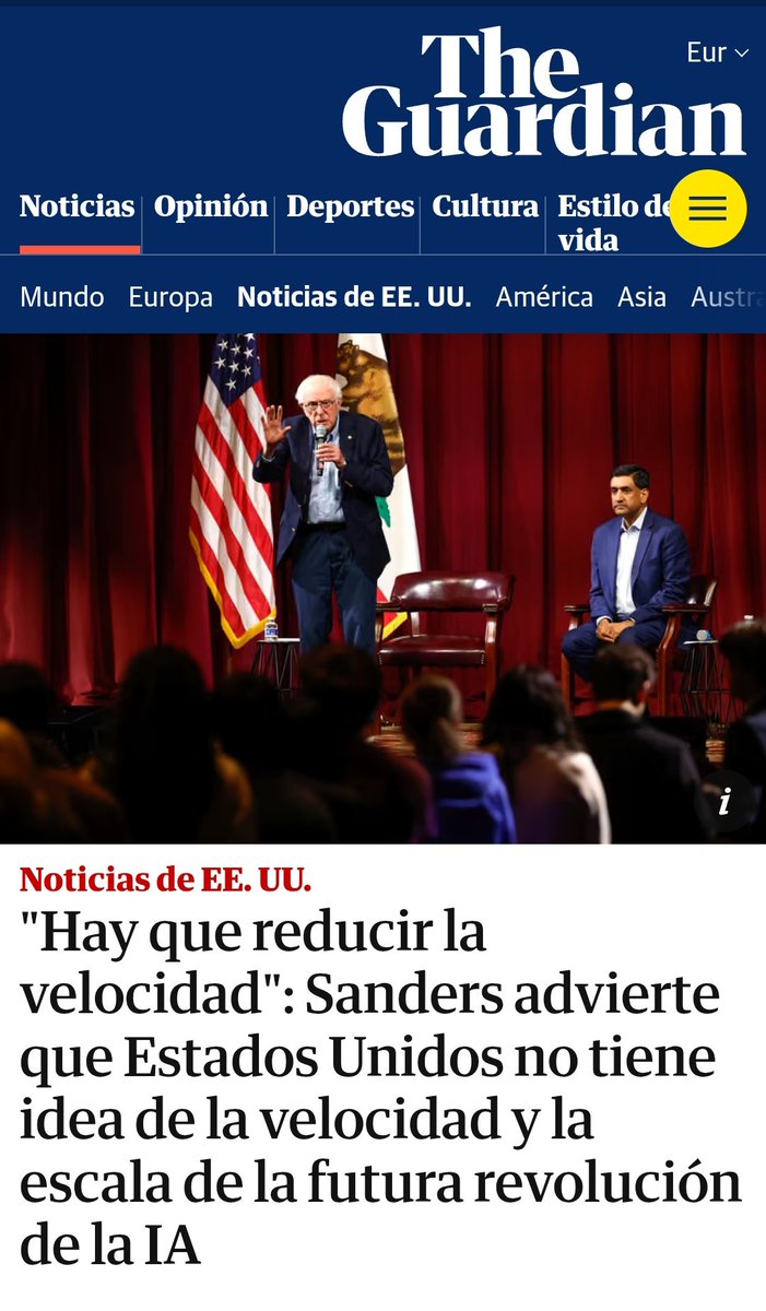 Hay que reducir la velocidad": Sanders advierte que Estados Unidos no tiene idea de la velocidad y la escala de la futura revolución de la IA para “desacelerar la revolución y proteger a los trabajadores”

theguardian.com/us-news/2026/f…