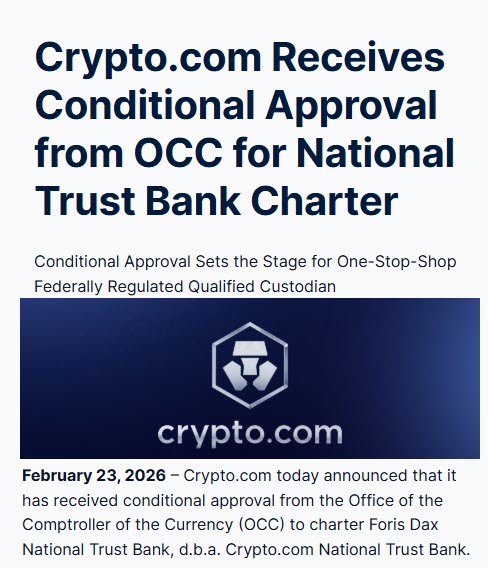 Crypto.com Receives Conditional Approval from OCC for National Trust Bank Charter 

✅ Conditional OCC approval received. 
✅ National Trust Bank charter incoming. 
✅ One-stop shop for federally regulated custody.

The mission to put "Cryptocurrency in Every Wallet"