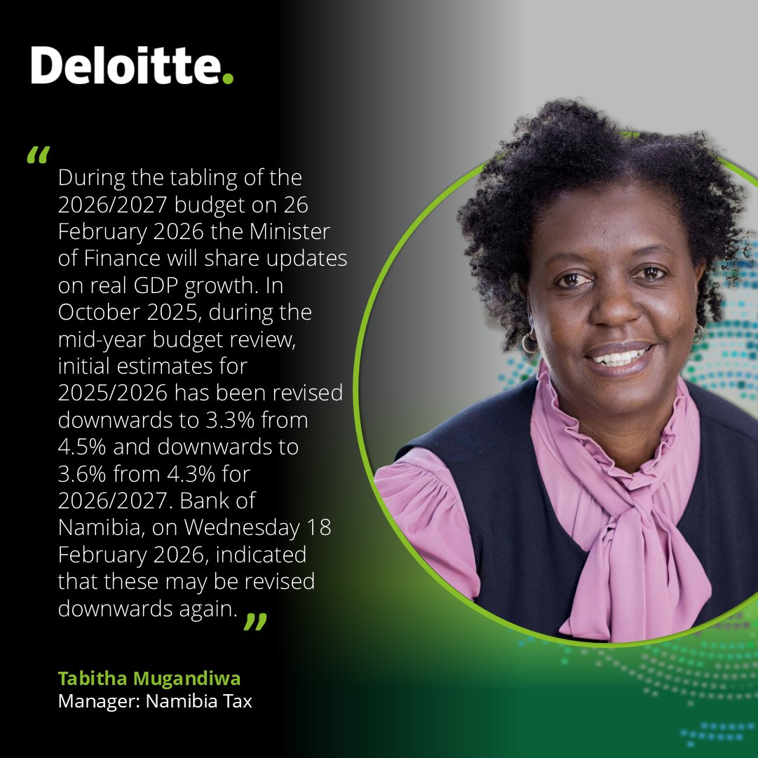The Minister is expected to share an update on real GDP growth following the downward revision announced in October 2025.

#Nationalbudget #DeloitteNamibia #DeloitteTax #togethermakesprogress