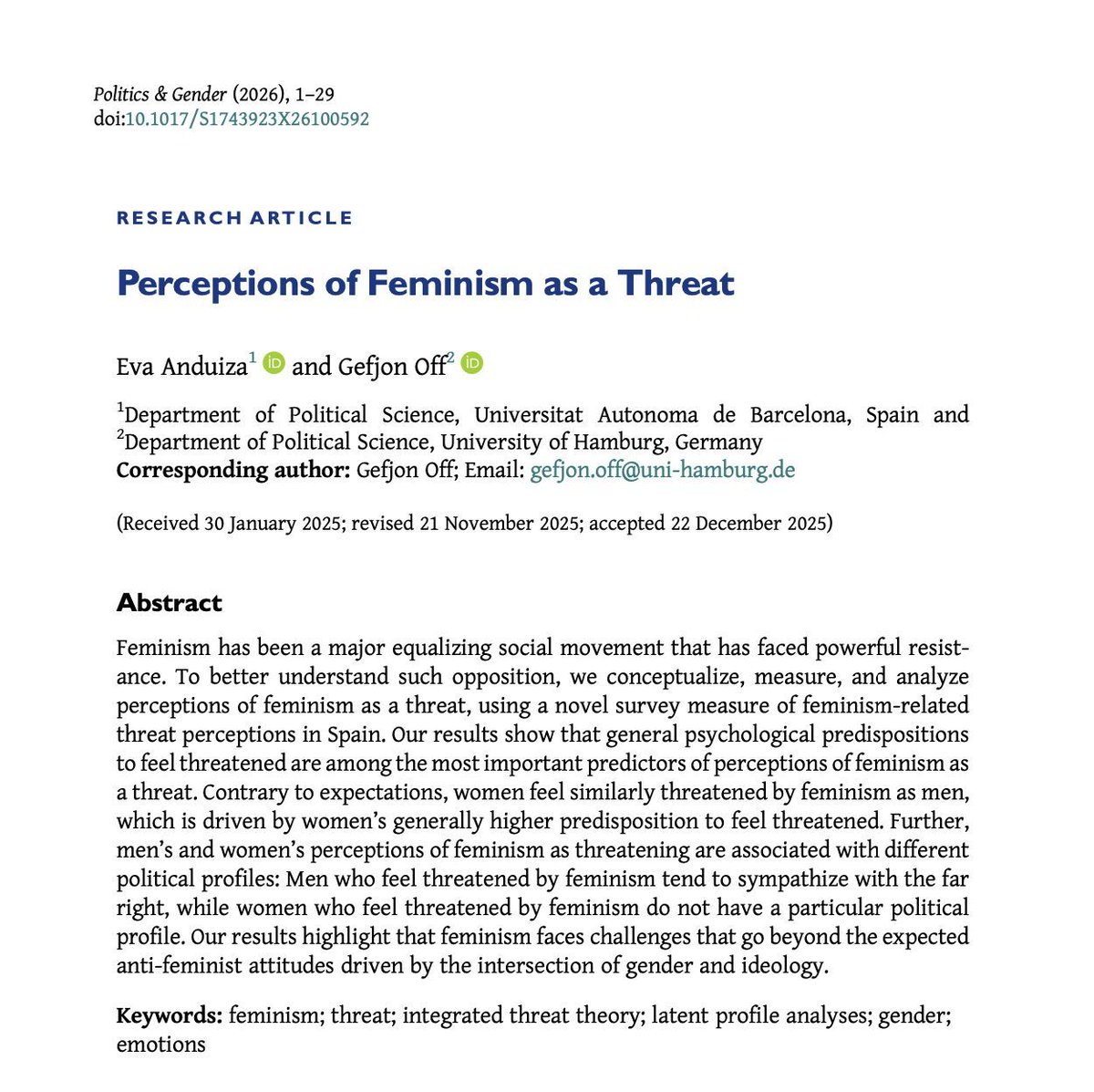 PoliticsGenderJ's tweet image. 📣Out on #FirstView📣 

In "Perceptions of Feminism as a Threat", @Evaanduiza &amp;amp; @GefjonOff  focus on the case of 🇪🇸 to understand resistance to feminism and measure perceptions of feminism as a threat. 

🌟 Available #OpenAccess 🌟

buff.ly/9fHnTSI