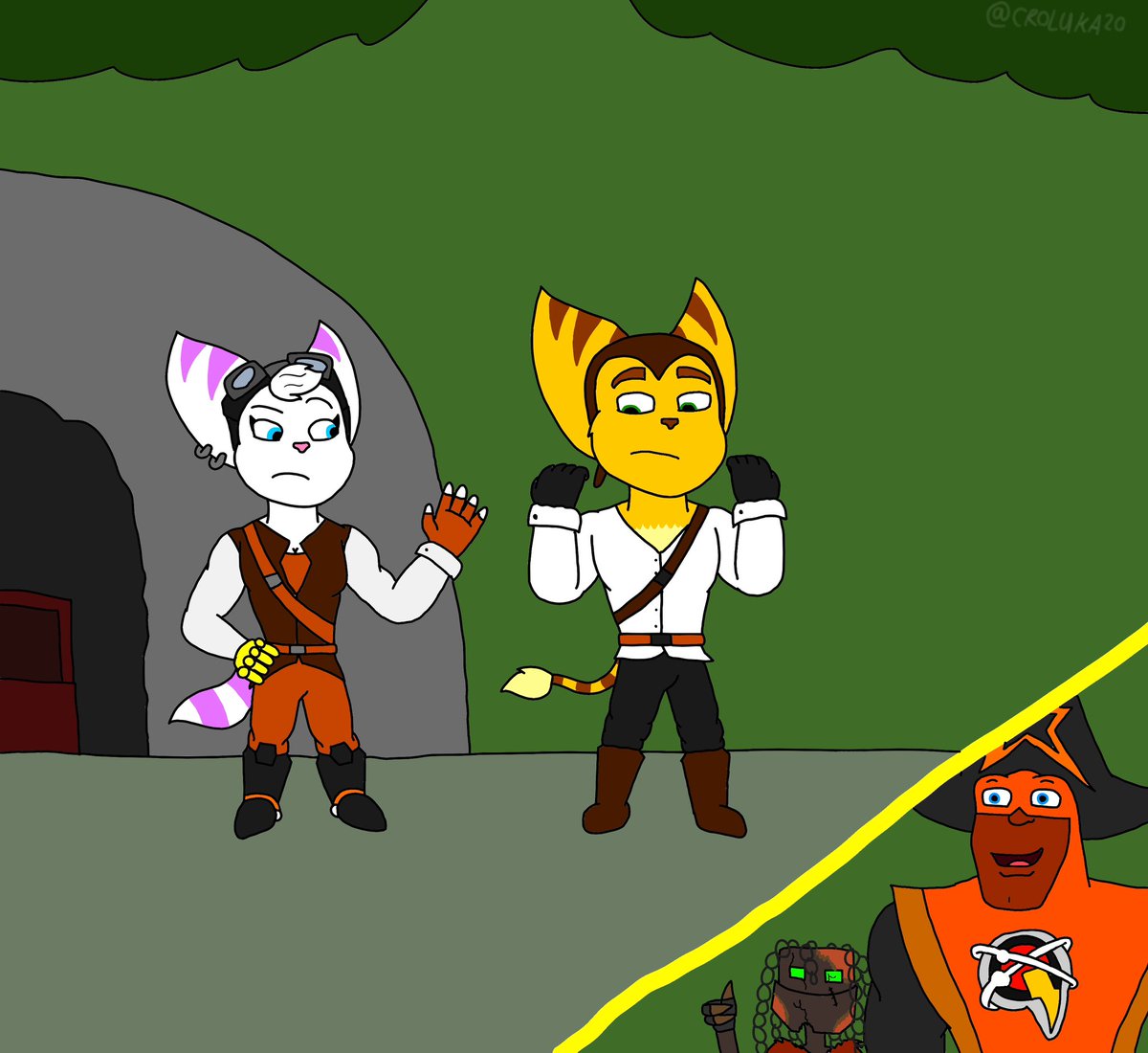 CROLUKA20's tweet photo. "Wow, now you almost look like part of my crew"
A scene from my recent story (german)
#ratchetandclank #questforbooty #ratchet #clank #rivet #kit #captainquantum #rivchet #henrymartin #oc #robot #lombax #pirate #fanart #drawing https://t.co/Gr1Vq7de9S