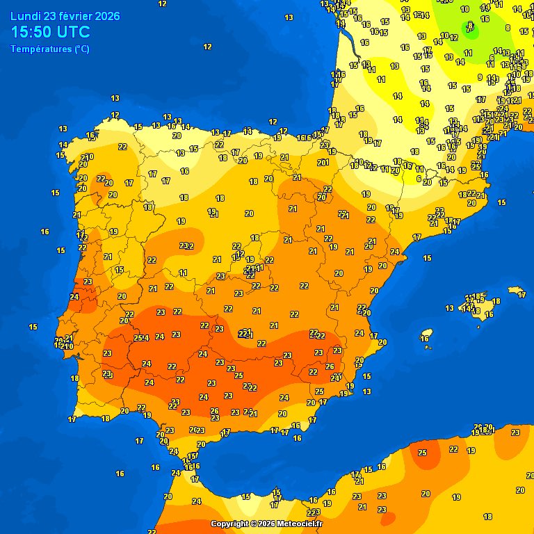 InfoMeteoTuit's tweet image. 📈En la jornada de hoy temperaturas máximas más cercanas a los 25°C que a los 20°C en amplias zonas peninsulares. ¿ #Febrero?.