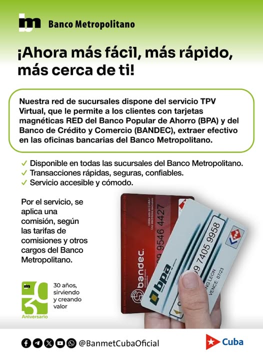 Para ayudarte en tu gestión personal y laboral, te informamos que en nuestras Sucursales Bancarias se puede extraer dinero en efectivo de Tarjetas de Bandec y del BPA #Banmet30Años
#SirviendoYCreandoValor <a href="/BancoCentralCub/">Banco Central de Cuba</a>
