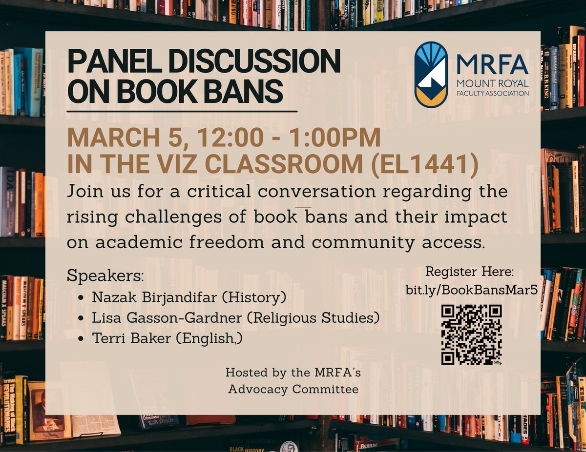 MRUFaculty's tweet photo. Join us for a timely panel discussion on the growing wave of book bans and their impact on academic freedom, hosted by the MRFA's Advocacy Committee.
Scan the QR Code to register now!
#MRFA #Samrubuzz #advocacyweek2026 https://t.co/0wkbVHavQW