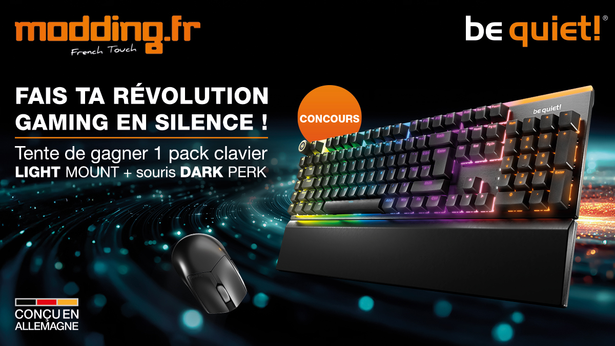 CONCOURS avec <a href="/ModdingFR/">Modding.fr</a> !
L’exigence, les performances et le silence, c’est ce qu’on vous propose de gagner 🤫 

Pour tenter de remporter un clavier Light Mount + une souris Dark Perk (modèles de votre choix) 👇
- Follow <a href="/bequietFR/">be quiet! FR</a> + <a href="/ModdingFR/">Modding.fr</a>
- RT ce tweet

🍀 TAS le 02/03