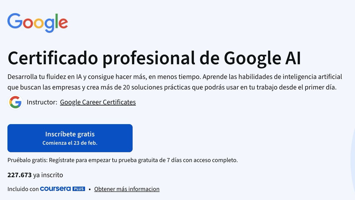 ¡Google lanza su Certificado Profesional de IA!
En Coursera, con 7 cursos prácticos:

✓ De cero a fluidez real en IA
✓ Uso responsable y productividad
✓ Data analysis, research y contenido
✓ Creando Apps con IA
✓ +20 proyectos reales

→ midu.link/curso-google-ia