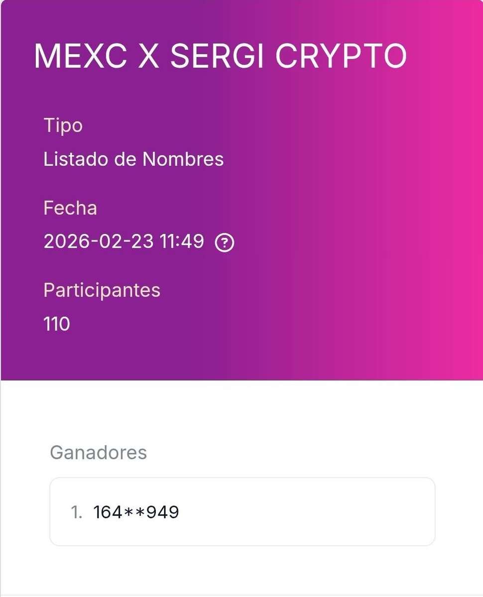 FELICIDADES AL GANADOR/A🎉 UID: 164**949

📌La recompensa se reparte dentro de 10-14 días hábiles directamente desde <a href="/MEXCespanol/">MEXC Español</a>

Gracias a todos por participar! 👍

Pronto vendrán más oportunidades con #MEXC, activa la campanita para no perderte nada 🔔

x.com/Sergi__Crypto/…