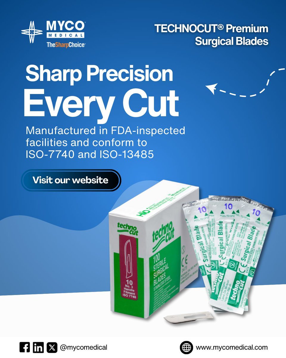 MYCOMedical's tweet image. A cleaner incision reduces trauma and speeds healing. Myco Medical TECHNOCUT® Premium Surgical Blades deliver consistent, ultra-sharp performance. Explore now mycomed.co/afcd32  
 
#SurgicalBlades #OperatingRoomTools #MedicalPrecision #HealthcareInnovation