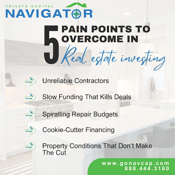 NavCapital's tweet photo. 😤5 pain points killing your real estate deals:

• Unreliable contractors
• Slow bank funding
• Budget overruns
• Inflexible loan terms
• Property condition rejections

We solve all 5. Read how: 
https://t.co/am8ShPP0Rq

#RealEstateInvesting #PrivateLending https://t.co/F0PVfysBY2