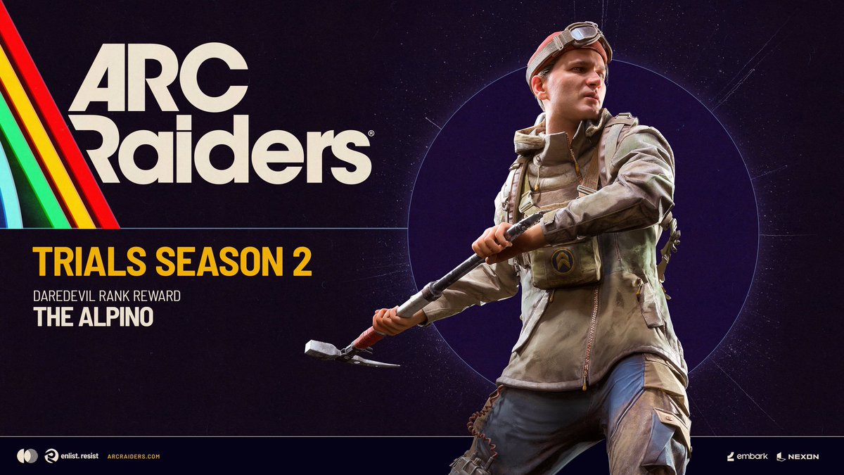 ArcRaidersNow's tweet photo. Trials Season 2 ends in style 🔥
Daredevils earn the Alpino outfit, with alt colors for Hotshot &amp; Cantina Legend 

What rank did you reach this season? 👀  #Arcraiders https://t.co/1pXGXD7Lrq