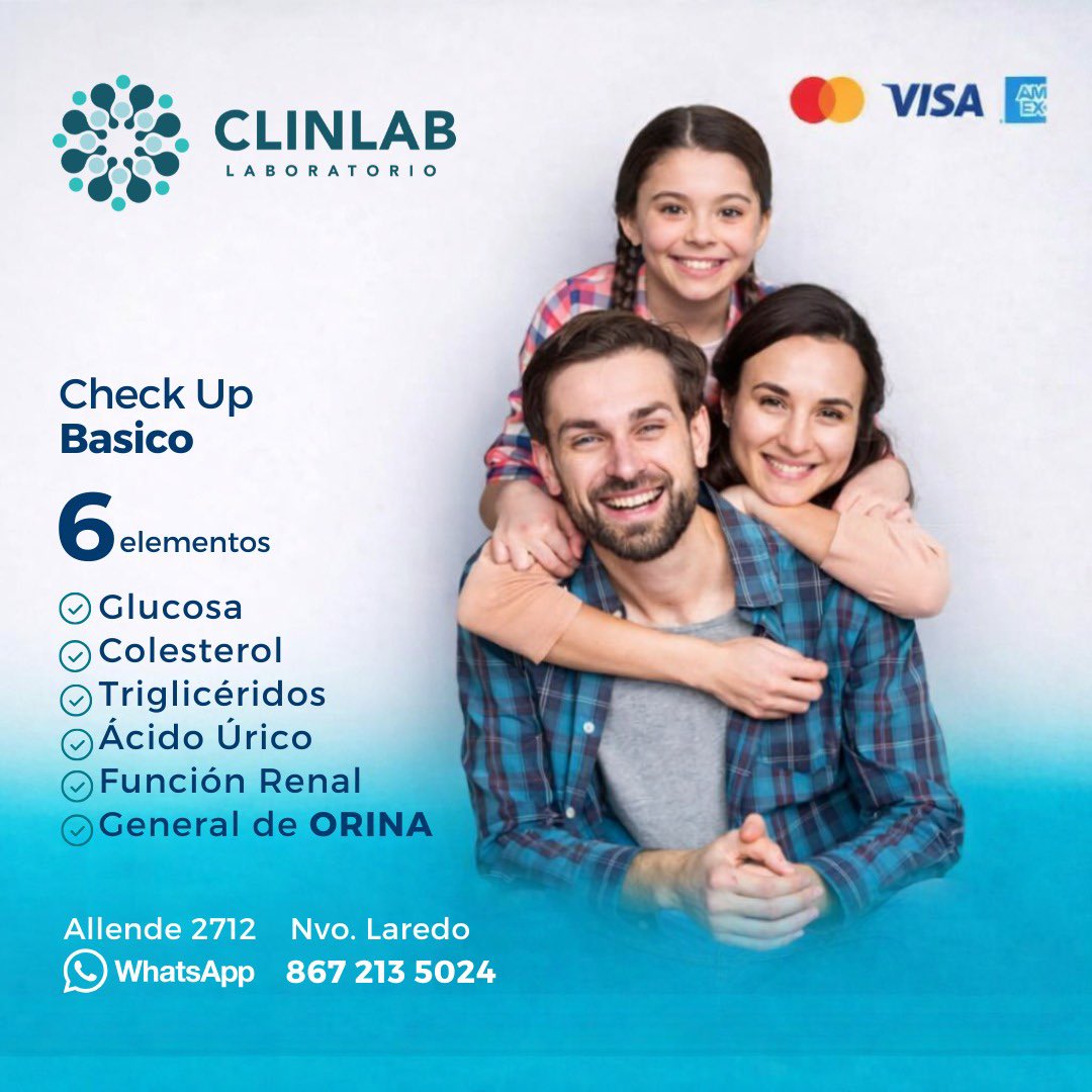 NldNoticias's tweet photo. CheckUp BÁSICO de Clinlab - Laboratorio Clínico

Química sanguínea (glucosa, colesterol, triglicéridos, ácido úrico, urea y creatinina) + Examen General de Orina. 

📍 Allende 2712 Col. Juárez
��� Lun-Vie 7am-5pm | Sáb 7am-2pm
📞 867 137 4883
📲 WhatsApp 867 213 5024
#salud #viral https://t.co/9DYmAr5NNW