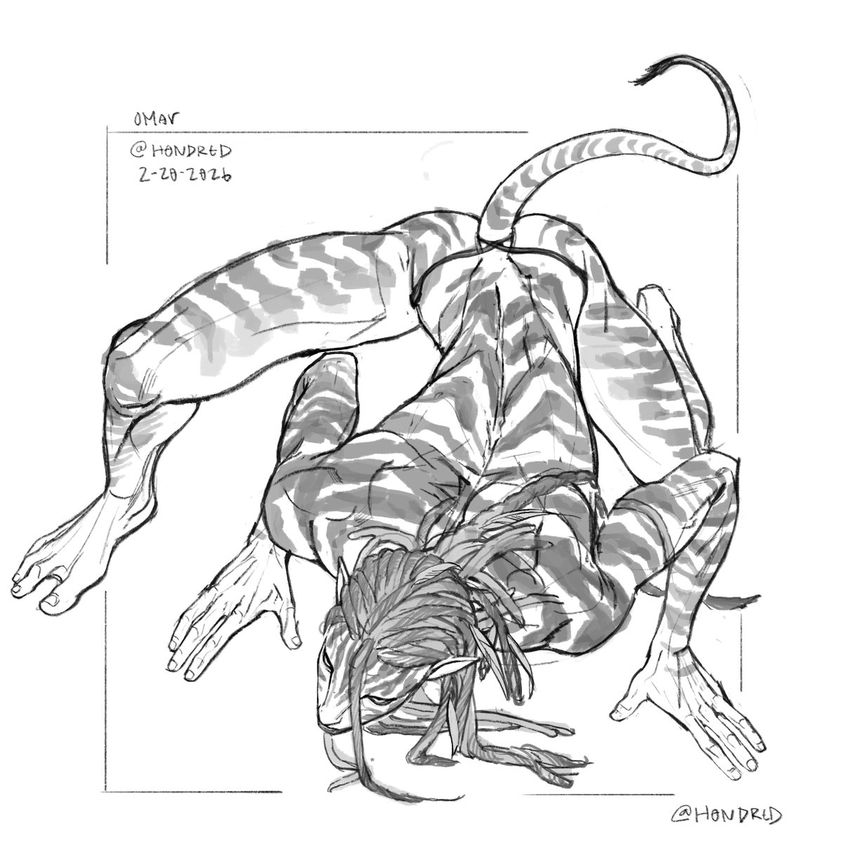 h0ndred's tweet photo. I had a pose like this in mind for a while.  In his canon human AU, Omar is a PI and hunts as a hobby. This translates well into his #Navi AU.

His stripes are not accurate at all here. I just wanted to get it done. But I'll re-do it another day.

#Avatar #avataroc #navioc https://t.co/PryNJFCZ6d