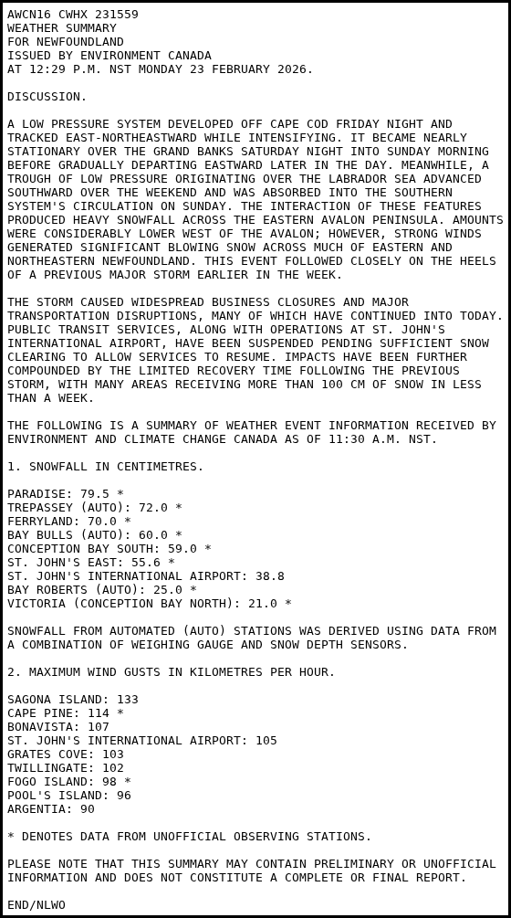 Numbers from the latest blockbuster storm: dd.weather.gc.ca/today/bulletin….

With 165.2 cm Feb 1-22, St. John’s #YYT is now <5 cm from its snowiest February on record (170.1 cm, 2006) and closing in on its snowiest calendar month (173.4 cm, Dec 2000). A few more days to get there! #nlwx