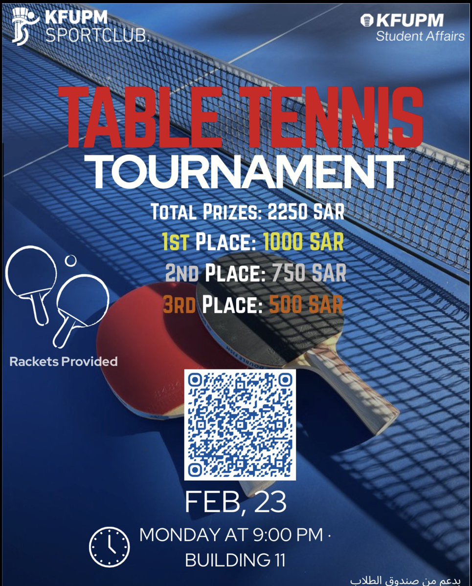 🔥 انطلاق بطولة تنس الطاولة
منافسة قوية بانتظاركم وأجواء مليئة بالحماس والتحدي
نتمنى التوفيق لجميع المشاركين 👏

تابعونا لمعرفة أبرز النتائج واللحظات المميزة 🏆

لتسجيل:
docs.google.com/forms/d/e/1FAI…

#تنس_الطاولة #بطولة #النادي_الرياضي #KFUPM