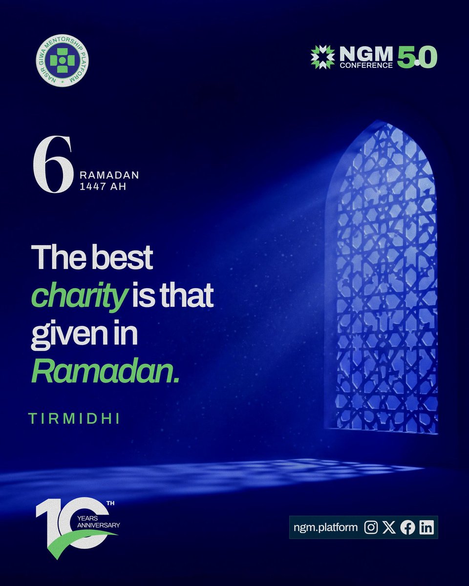Ramadan is a month of multiplied rewards and softened hearts.

Charity reflects sincerity, compassion, and consciousness of Allah. Every act of giving, big or small, carries more weight during Ramadan.

#ngmcommunity 
#RamadanMubarak 
#Adecadeofimpact
