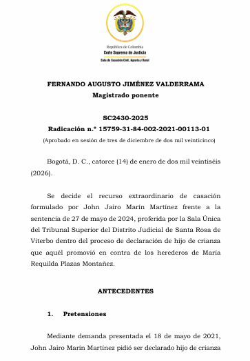 SENTENCIA RECOMENDADA 🗣 

#Civil

Por primera vez la Sala Civil de la Corte Suprema declara un hijo de crianza y precisa los requisitos para acceder a los derechos herenciales
 
SENT: SC2430-2025 | RAD: 15759-31-84-002-2021-00113-01