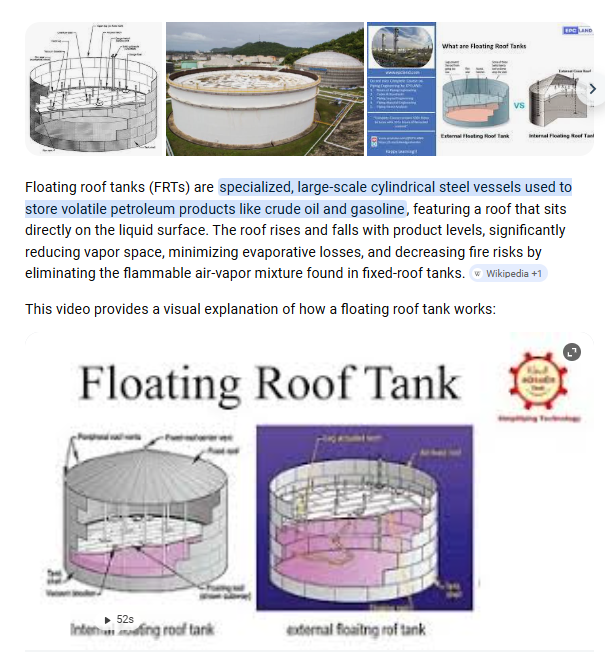 BruckenRuski's tweet photo. @Exilenova_plus Tanks of this size do not have "fixed" roofs... 

Industry standards around the world are FRTs or Floating Roof Tanks and the reason the fire appears to be around the tank is the seals have burnt through.

Any cover is for weather/rain/snow only, usually of light materials. https://t.co/wXXg0Ufrpd