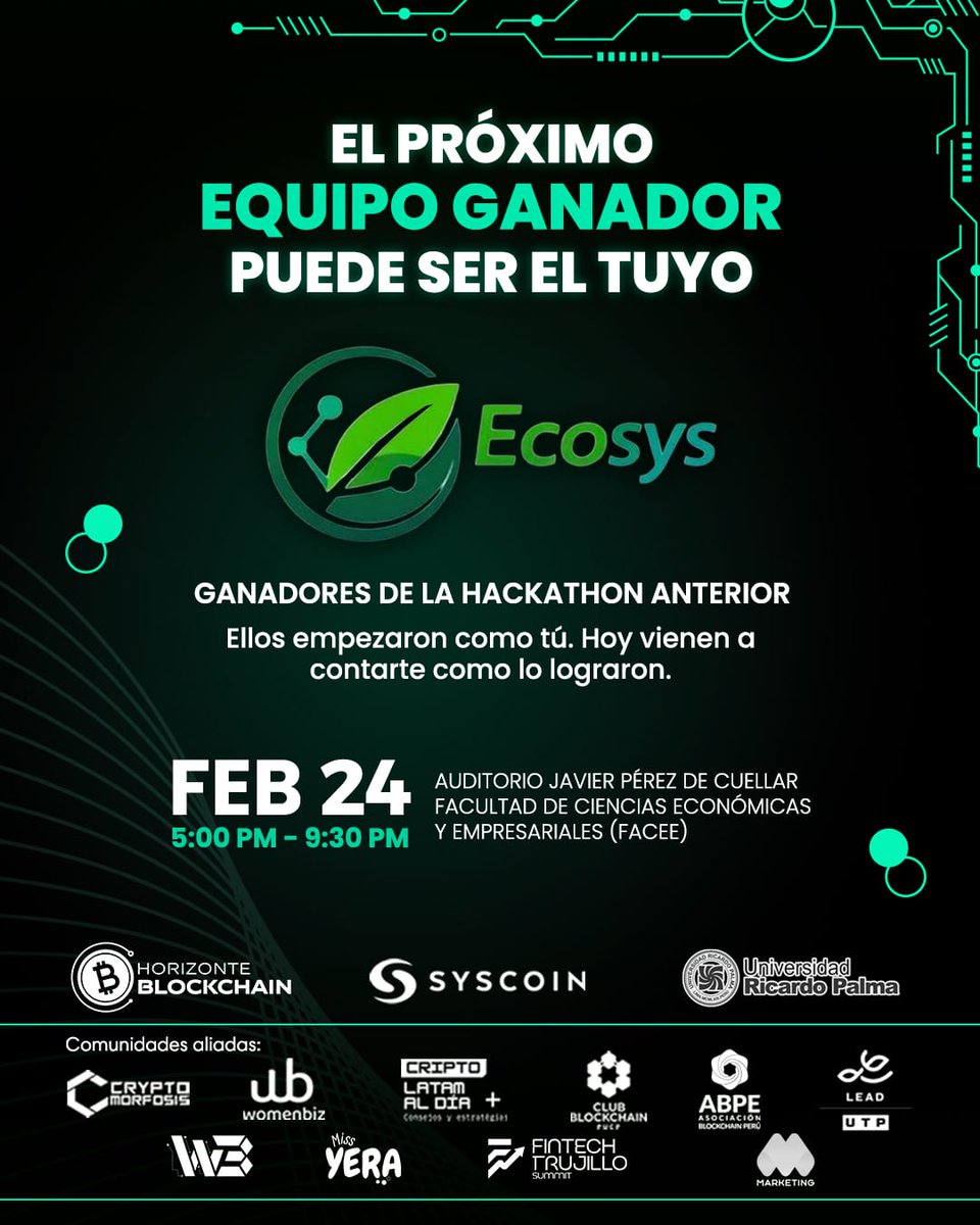 Mañana activamos Proof of Builders.

🤖 Agentes Autónomos de IA en Web3.

#Ecosys (equipo ganador anterior) estará presente compartiendo su experiencia.

Presencial en Lima.
Remoto para equipos fuera del país.

🏆 $1,000 USD al mejor proyecto.

Registro: horizonteblockchain.org/eventos-web3
