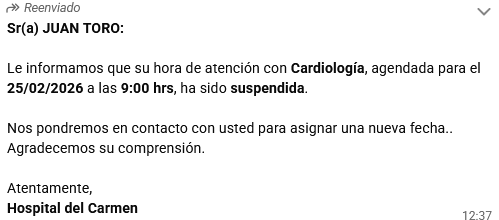 YaezPinto's tweet photo. @ HECmaipu es la tercera vez que nos cancela hora medica a cardiología, en menos de dos semanas en hospital del carmen , así de simple sin explicaciones, dependemos de esta hora para iniciar quimioterapia y lo mas chistoso es que nos indican que saben lo urgente que es esta hora! https://t.co/c9YWTWyX3E