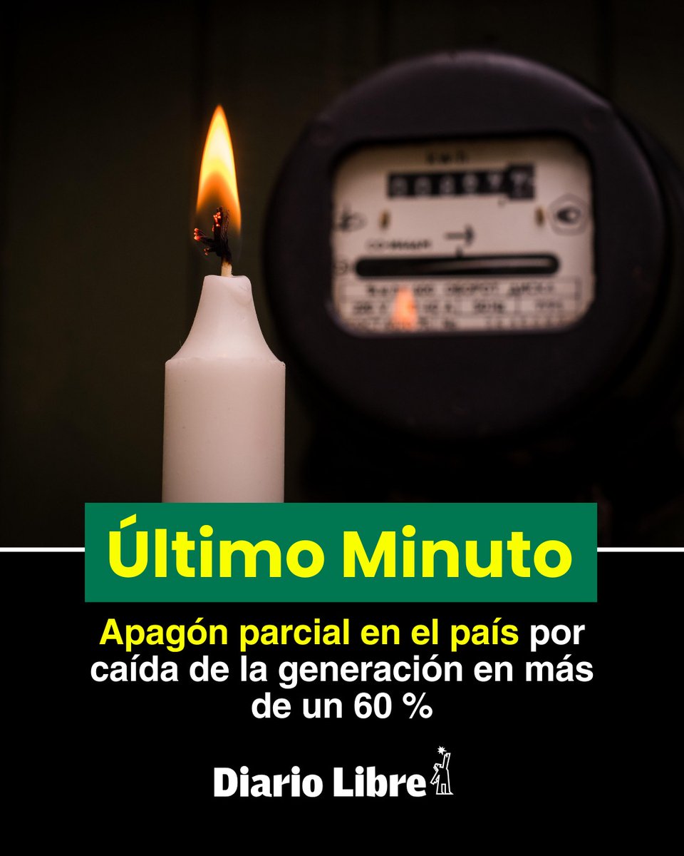 DiarioLibre's tweet photo. 🔴|#ÚltimoMinutoDL| ⚡🇩🇴 Corte eléctrico afecta a parte del país por caída en generación. Más de la mitad de la energía programada no pudo ser inyectada al sistema este lunes.  Conoce qué se sabe hasta el momento . https://t.co/YzMCbAwsay https://t.co/aAECHkhCje