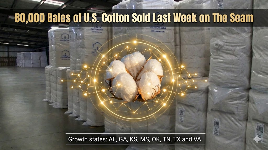 80,000 bales of U.S. Cotton (450 recaps) were sold on The Seam last week.  Growth states:  AL, GA, KS, MS, OK, TN, TX and VA.