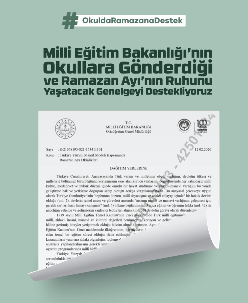 Dünyanın savaşlar ve kaosla kuşatıldığı bir dönemde; okullarda Ramazan vesilesiyle çocuklara paylaşmayı, sabrı, hoşgörüyü ve kardeşliği hatırlatmayı amaçlayan programları hedef alıp laiklik bildirileri yayımlamak ibretliktir. Değerler eğitimi üzerinden kriz üretmek iyi niyet