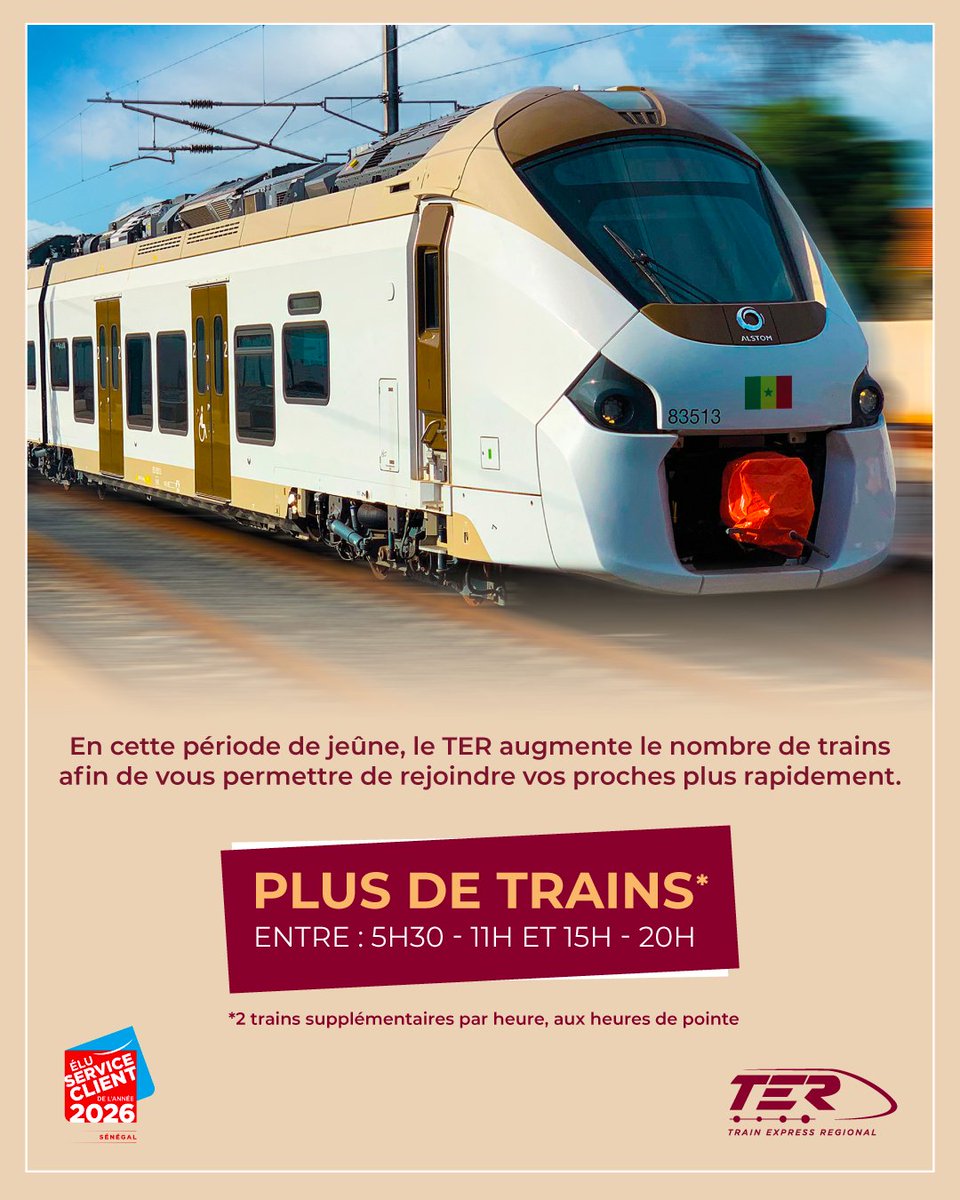 En cette période de jeûne, le TER est à vos côtés.

Pour faciliter vos déplacements, 2 trains supplémentaires par heure circulent aux heures de pointe, entre 5h30–11h et 15h–20h.

Moins d’attente pour vous permettre de rejoindre vos proches plus rapidement.

#TER #RamadanCarême