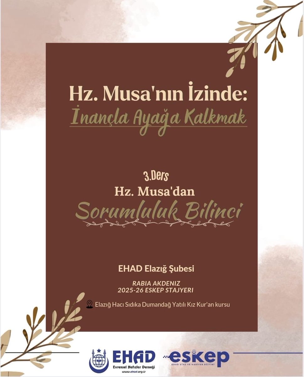 ehadgm_kadinlar's tweet photo. 📚📢 ESKEP dersleri devam ediyor !
EHAD Staj ve Kariyer Eğitimi (ESKEP) kapsamında düzenlenen «Hz. Musa’nın İzinde: İnançla Ayağa Kalkmak» serimizin üçüncü dersinde “Sorumluluk Bilinci” konusunu ele aldık. ✨🌿
#KuranaHizmetŞereftir #EHAD #ESKEP #Hafızlık #KuranMuhafızları https://t.co/133GHt2k59