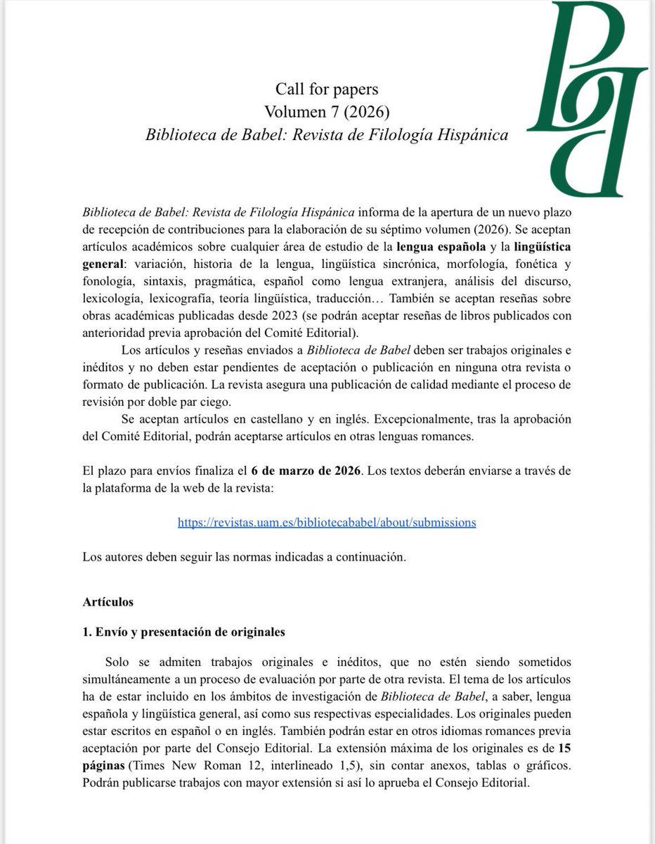 🚨🚨🚨 ¿Quieres publicar tu artículo bien y rápido? 🫵🏻 Tienes suerte porque está abierto el CFP para el volumen 7!!! 

Hasta el 6 de marzo se aceptan artículos y reseñas sobre cualquier área de estudio de la lengua española y la lingüística general 🤓