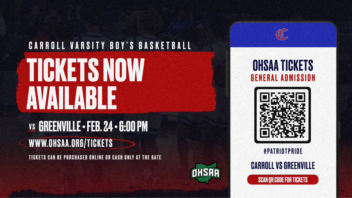CarrollBoysBB's tweet photo. π ππππ ππ©π¨ π€π£ πππ‘π
Tickets for our sectional tournament game are on sale now!
Carroll plays Greenville tomorrow, February 24 at Centerville HS with tip-off scheduled for 6 PM.
ποΈ: https://t.co/Mp51hWljYl (online or cash)
#PatriotPride | #Team63 https://t.co/Y7dlFuBkWV
