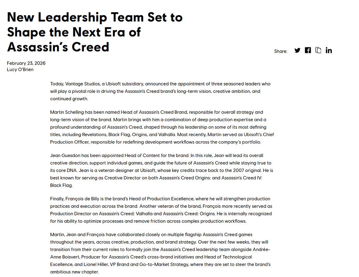 New Leadership Team Set to Shape the Next Era of Assassin’s Creed

-Martin Schelling - head of Assassin's Creed Brand
-Jean Guesdon - Head of Content
-François de Billy - Head of Production Excellence

news.ubisoft.com/en-us/article/…