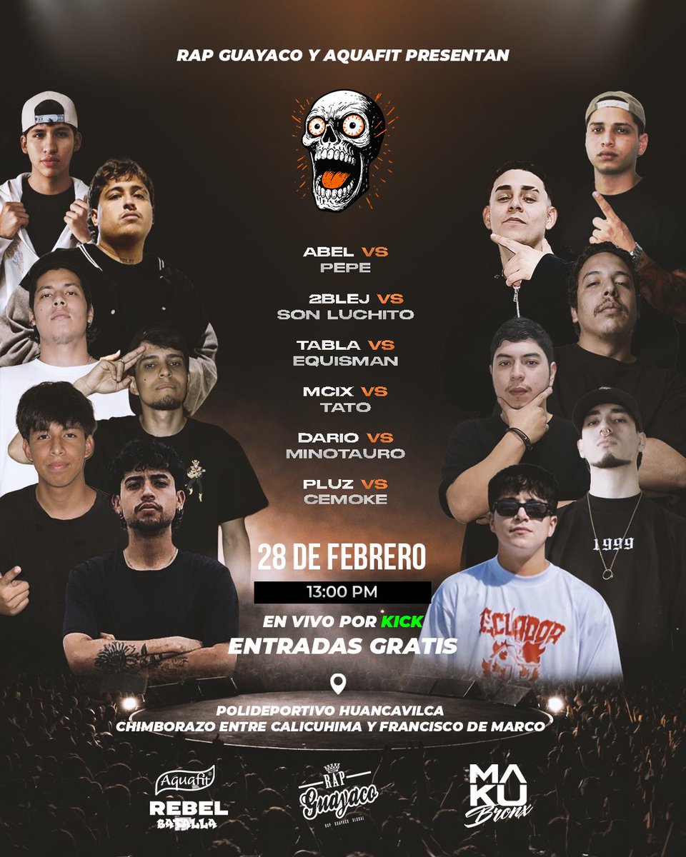 InfoFreestyle2's tweet photo. ¡La LIGA en ECUADOR 🇪🇨! 🏆

Rebel Batalla, la liga ecuatoriana de freestyle dará inicio este fin de semana y ya conocemos los enfrentamientos para la Jornada 1️⃣. 🔥

- ABEL vs PEPE
- ⁠2BLEJ vs SON LUCHITO
- ⁠TABLA vs EQUISMAN
- ⁠DARÍO vs MINOTAURO
- ⁠MCIX vs TATO
- ⁠PLUZ vs CEMOKE

La primera fecha sera el Sábado 28 de Febrero en el Polideportivo Huancavilca de Guayaquil y la entrada será GRATUITA ademas de transmitirse EN VIVO por Kick. 🧨

#RebelBatalla 🇪🇨 #DeporteMental 🧠