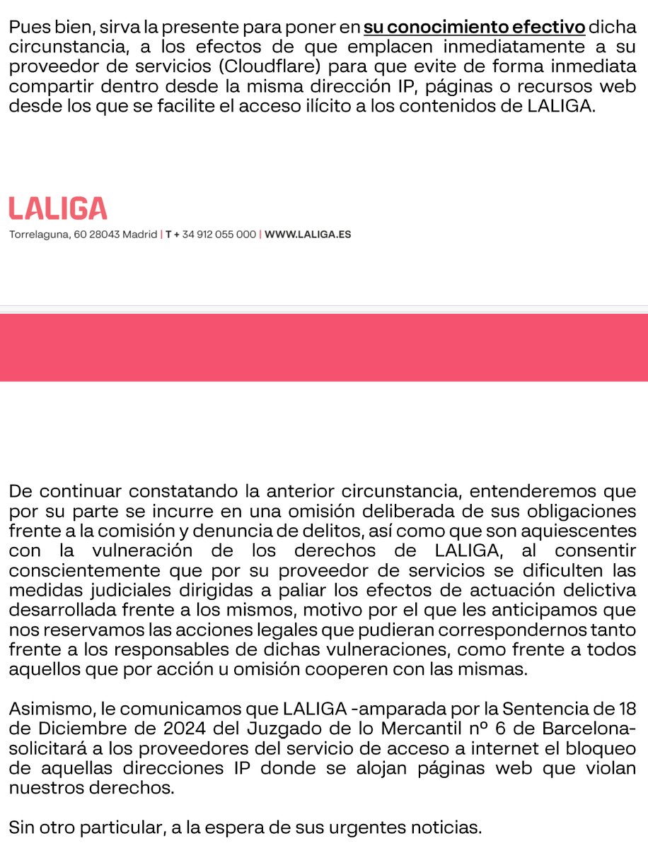 Hola <a href="/LaLiga/">LALIGA</a>, <a href="/Tebasjavier/">Javier Tebas Medrano</a>. HTCMania lleva 20 años siendo un referente tecnológico en España. Que compartamos una IP de Cloudflare con otras miles de webs no nos convierte en "piratas" ni responsables de lo que otros hagan. Dejen de disparar a ciegas y aprendan cómo funciona