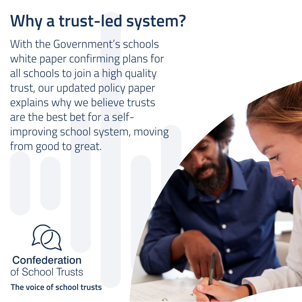CSTvoice's tweet photo. With the Government’s schools white paper confirming plans for all schools to join a high quality trust, our updated policy paper explains why we believe school trusts are the best bet for a self-improving school system, moving from good to great.
https://t.co/w0fgHSQMIj https://t.co/fIBs66EegP
