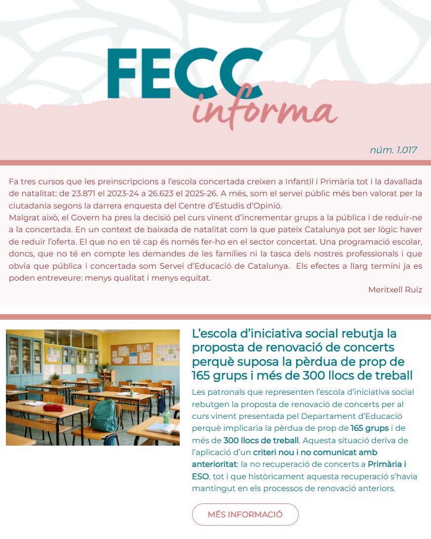 Avui al #FECCInforma parlem de la pujada de la preinscripció a l’escola concertada malgrat la baixa natalitat 📈

🔗 Llegeix el butlletí: fecc.acblnk.com/show/3636320/U…