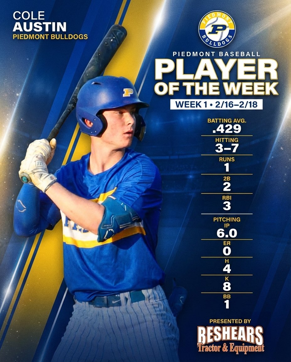 This week’s <a href="/PiedmontHS/">Piedmont High School 🎓</a>  ⚾️ Player of the Week presented by  Beshears Tractor &amp; Equipment is Pitcher/Infielder <a href="/ColeL_austin/">Cole Austin</a>