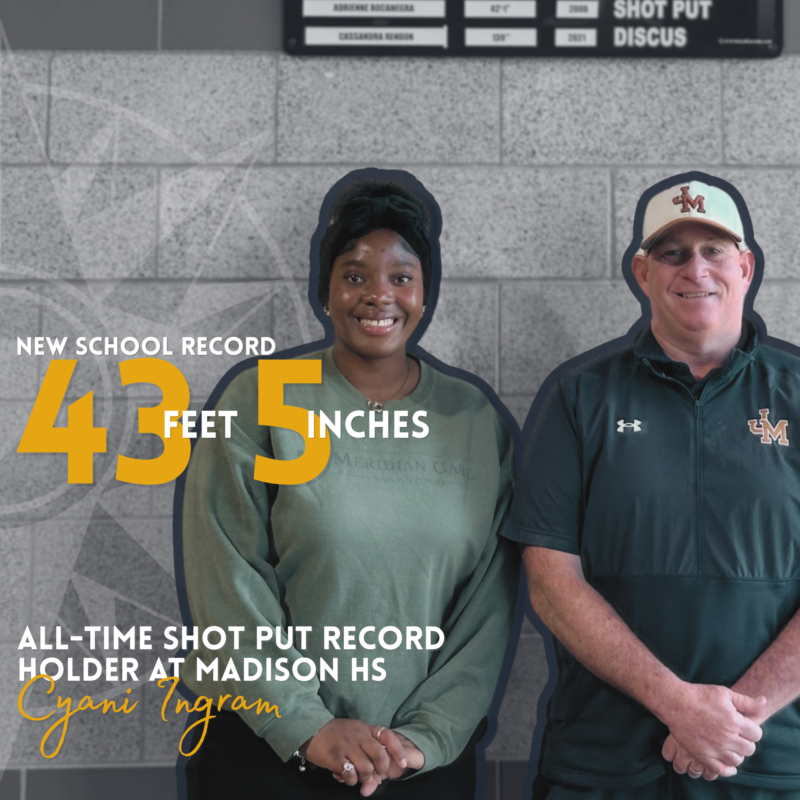 NEISD's tweet photo. Cyani Ingram has shattered a Madison HS Shot Put record that stood for more than 20 years — and she did it twice! She first broke the school record with a throw of 42 ft, 2 in, then topped her OWN mark the very next week with an incredible 43 ft, 5 in. 🎉👏

#NEISD #theNEISDway https://t.co/I9qBNejRg9