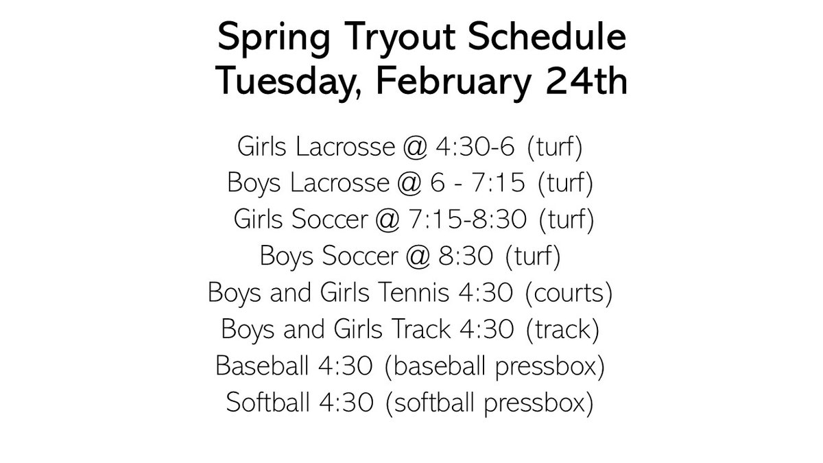 SBHS_Athletics's tweet photo. Tryout Schedule for Spring Sports (Tuesday, Feb. 24th) https://t.co/8jaHEZ47by