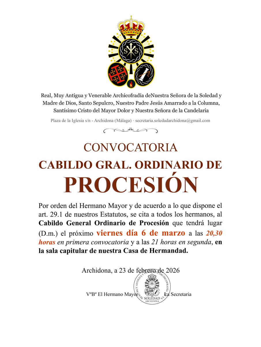 Soledad_archi's tweet photo. Cabildo Gral. Ordinario de Procesión
Se convoca a todos los hermanos al Cabildo General Ordinario de Procesión que se celebrará el próximo viernes, 6 de marzo a las 20,30 h en 1ª convocatoria y 21 h en 2ª en la sala capitular de nuestra Casa Hermandad.

#Archidona #CofradiasMLG https://t.co/2DqA8tNl0e
