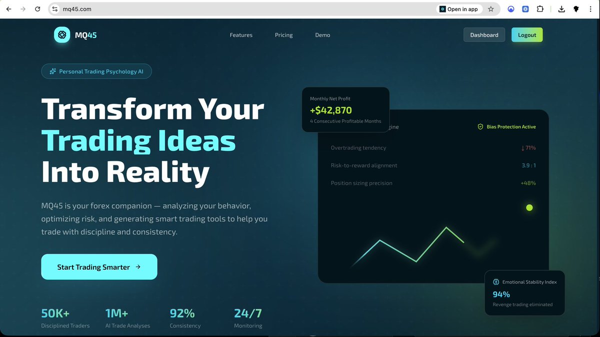 mq45ai's tweet photo. Introducing MQ45, the most powerful trading tool to;

🔰Generate MT4 & MT5 Expert Advisors using natural language
🔰Create custom trading indicators from plain English
🔰Connect your trading accounts for live performance analytics
🔰Interact directly with your connected trading account using AI
🔰Analyze your psychology (discipline, consistency, risk behavior)
🔰Visualize performance with institutional-grade dashboards
🔰Share public track records securely
🔰Use structured prompt templates to improve strategy building

Everything you need to elevate your trading game— all in a single platform. 

See how you can use MQ45 to make a difference in your trading. 

visit https://t.co/9ySJUxYest