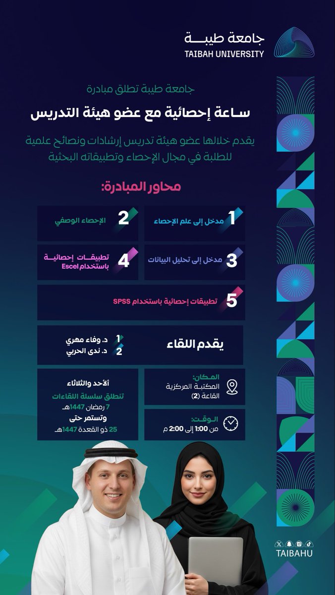 taibahu's tweet photo. #جامعة_طيبة تقدم مبادرة
"ساعة إحصائية مع عضو هيئة التدريس"
تشمل لقاءات علمية متخصصة 
تتيح للطلبة فهمًا أعمق 
لأساسيات الإحصاء وتطبيقاته البحثية
دعمًا لكفاءتهم التحليلية
وتعزيزًا لجودة مخرجاتهم الأكاديمية. https://t.co/p5wxI010Li