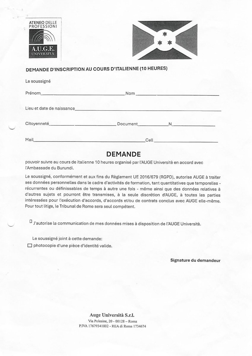 YBurundi's tweet image. 🙋🏽 Italie, nouvelle terre d'opportunités pour les #jeunes burundais ? 

📃 Une lettre circule depuis quelque temps, indiquant qu’une université italienne nommée Auge de Rome, organise gratuitement des cours en ligne de la langue italienne pour les jeunes burundais souhaitant