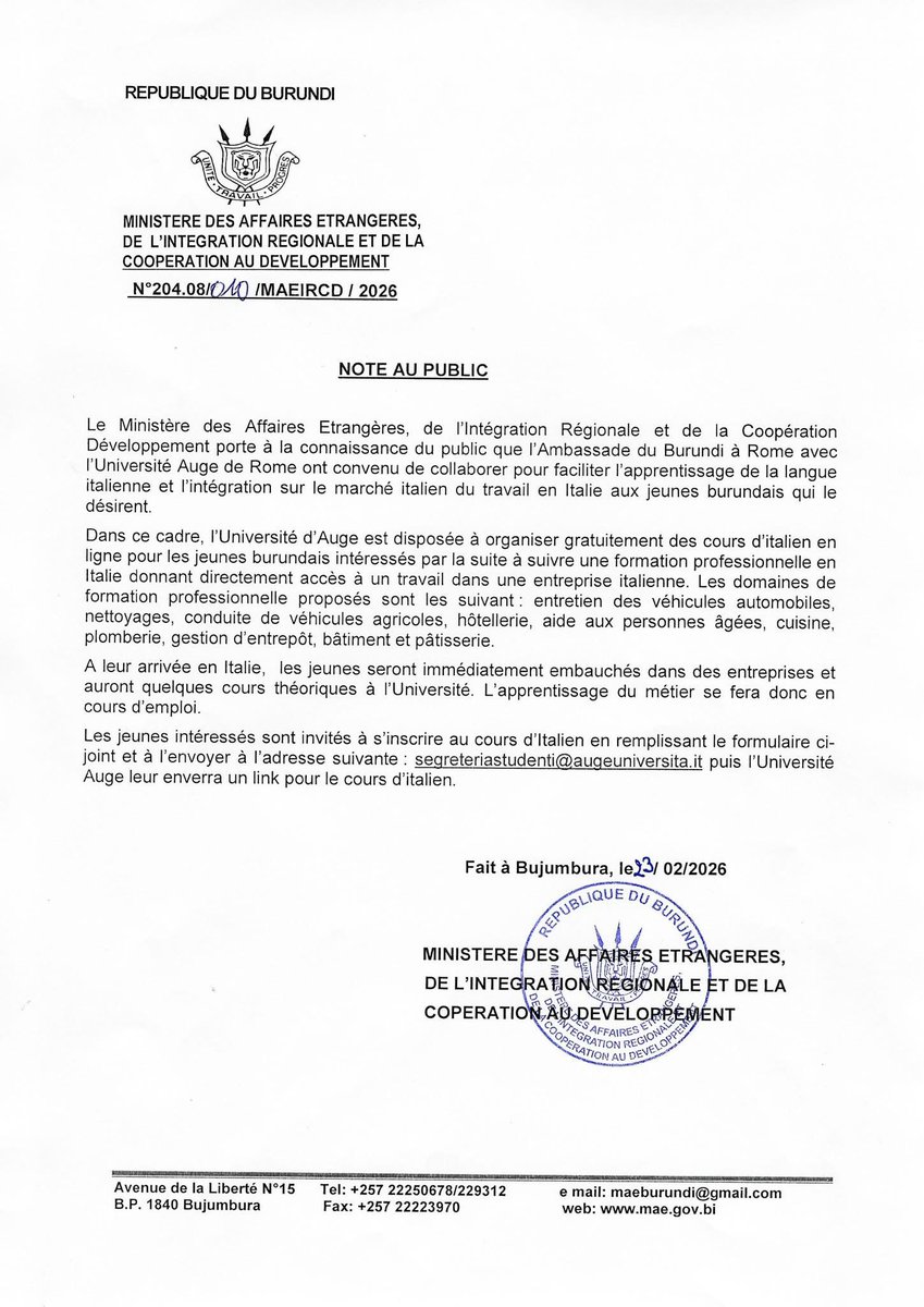 YBurundi's tweet image. 🙋🏽 Italie, nouvelle terre d'opportunités pour les #jeunes burundais ? 

📃 Une lettre circule depuis quelque temps, indiquant qu’une université italienne nommée Auge de Rome, organise gratuitement des cours en ligne de la langue italienne pour les jeunes burundais souhaitant