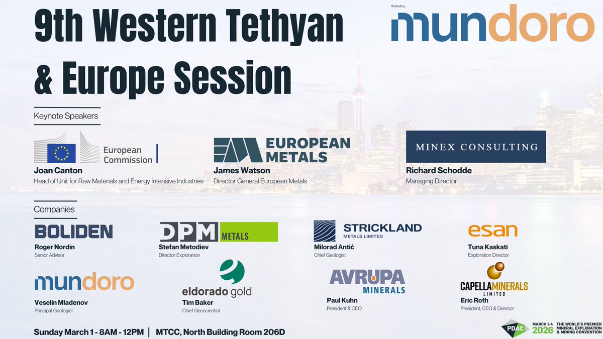 This Sunday!

The 9th Annual Western Tethyan and Europe Session #WTESession during #PDAC2026. Join us for an in-depth technical session focused on exploration, development, and operational best practices across the region.

📅 Sunday, March 1, 2026
🕗 8:00 AM – 12:00 PM
📍 MTCC,