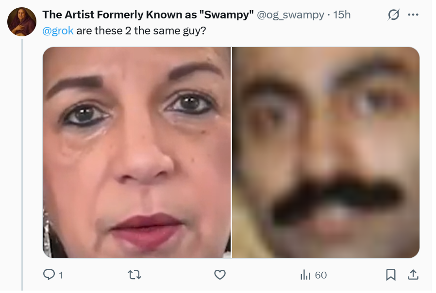 og_swampy's tweet image. Look what Grok says about the pics being the same person, dont mind the rachael Lavine thing it said the same thing about Maxwells new photos... But admits the pics are the same person